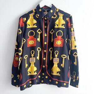 Burberry London Sz S Key Chain Keys Silk Shirt Blouse Top Black Gold Brown Women
